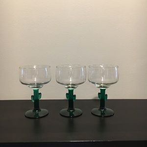 3 MARGARITA GLASS GREEN CACTUS STEM  16oz